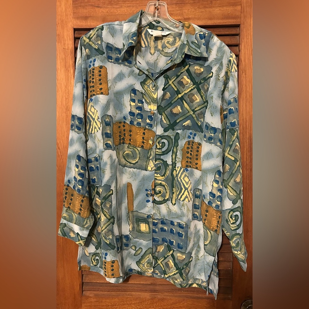VINTAGE BEVERLY ROSE 🌹 Funky Pattern Button Up Blouse Size 2X